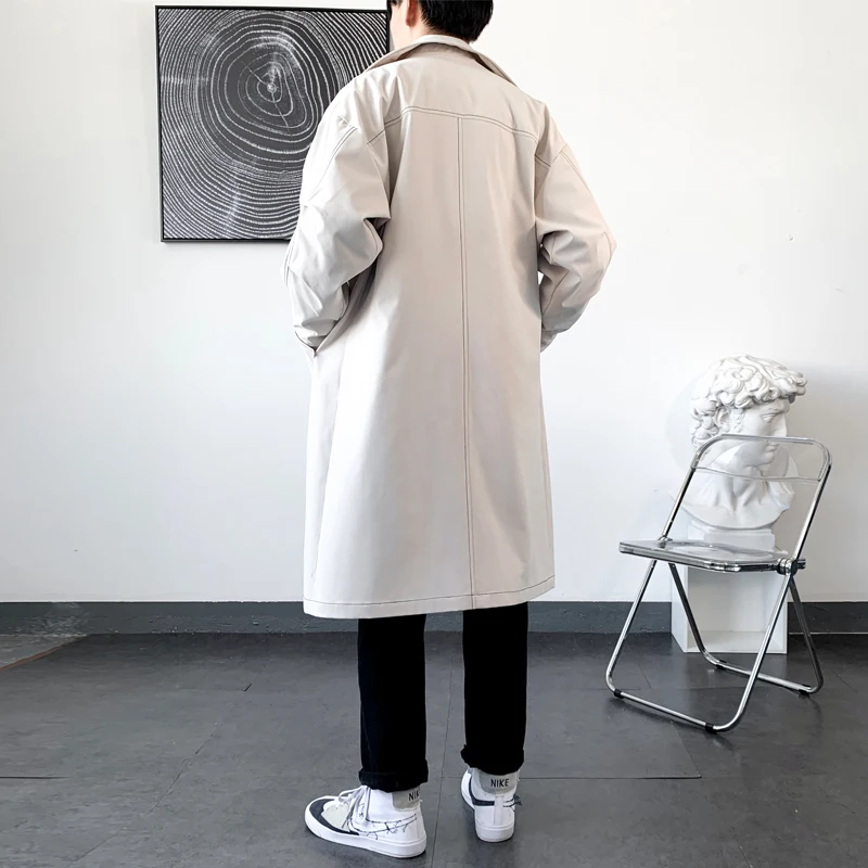 남성용 시크한 라인 트렌치코트, 싱글 브레스티드 롱 트렌치 코트, 남성 단색, 블랙, 라이스, 화이트 재킷 코트, 최고 품질, 가을