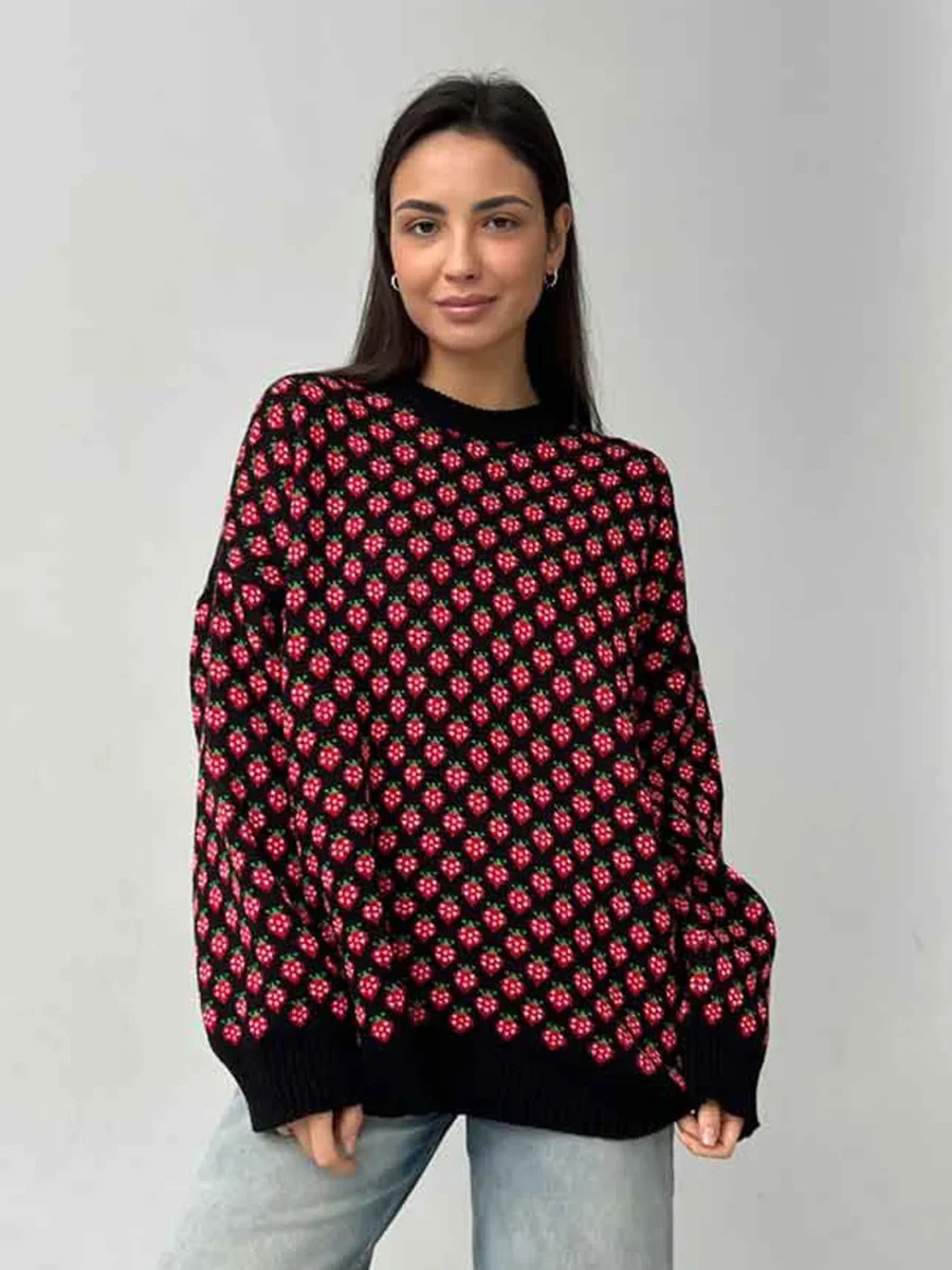 Bornladies Women's Autumn Winter O-Neck Knit Pullover Soft Strawberry Print Oversized Loose Fit Cozy Casual Sweater