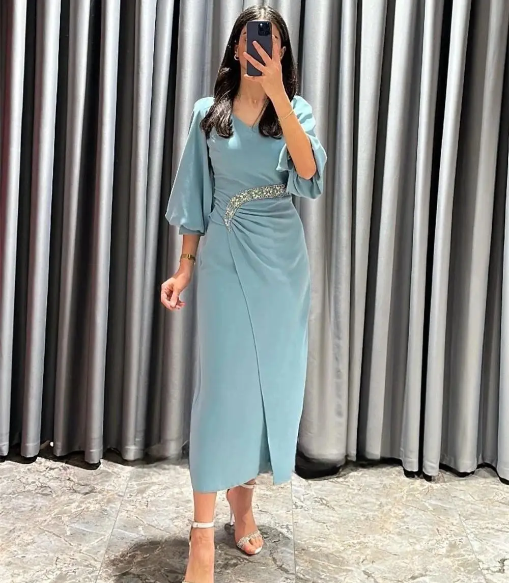 

Blue Chiffon Evening Dresses Beaded Three Quarters Sleeves Prom Gowns V Neck Saudi Arabia Formal Occasion Wedding Party 2024