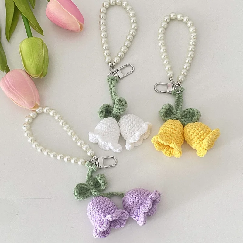 

Ins Wool Crochet Flower String Key Holder Cute Pearl Chain Decorative Pendant Girl Handbag Car Keychain Toy Creative Ornament