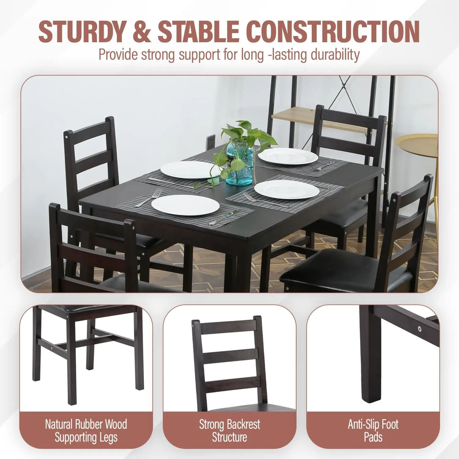 5 Pieces Kitchen Dining Room Set Dining Kitchen Table and Chairs Mid Century Style Wood Dinette Table Set