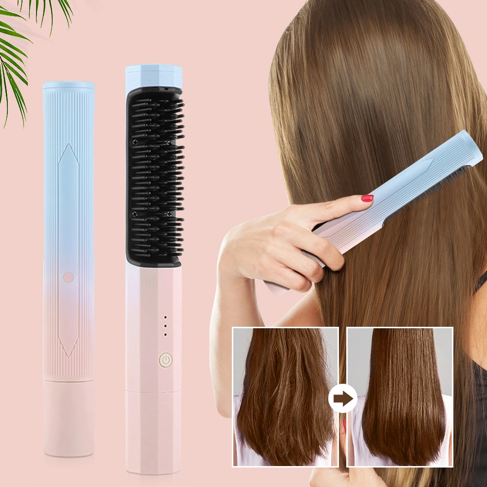 

Hair Straightener Rechargeable Electric Heat Comb Hair Straight Comb Hair Curler Curling Dual Use 30s Rapid Heating Dropship