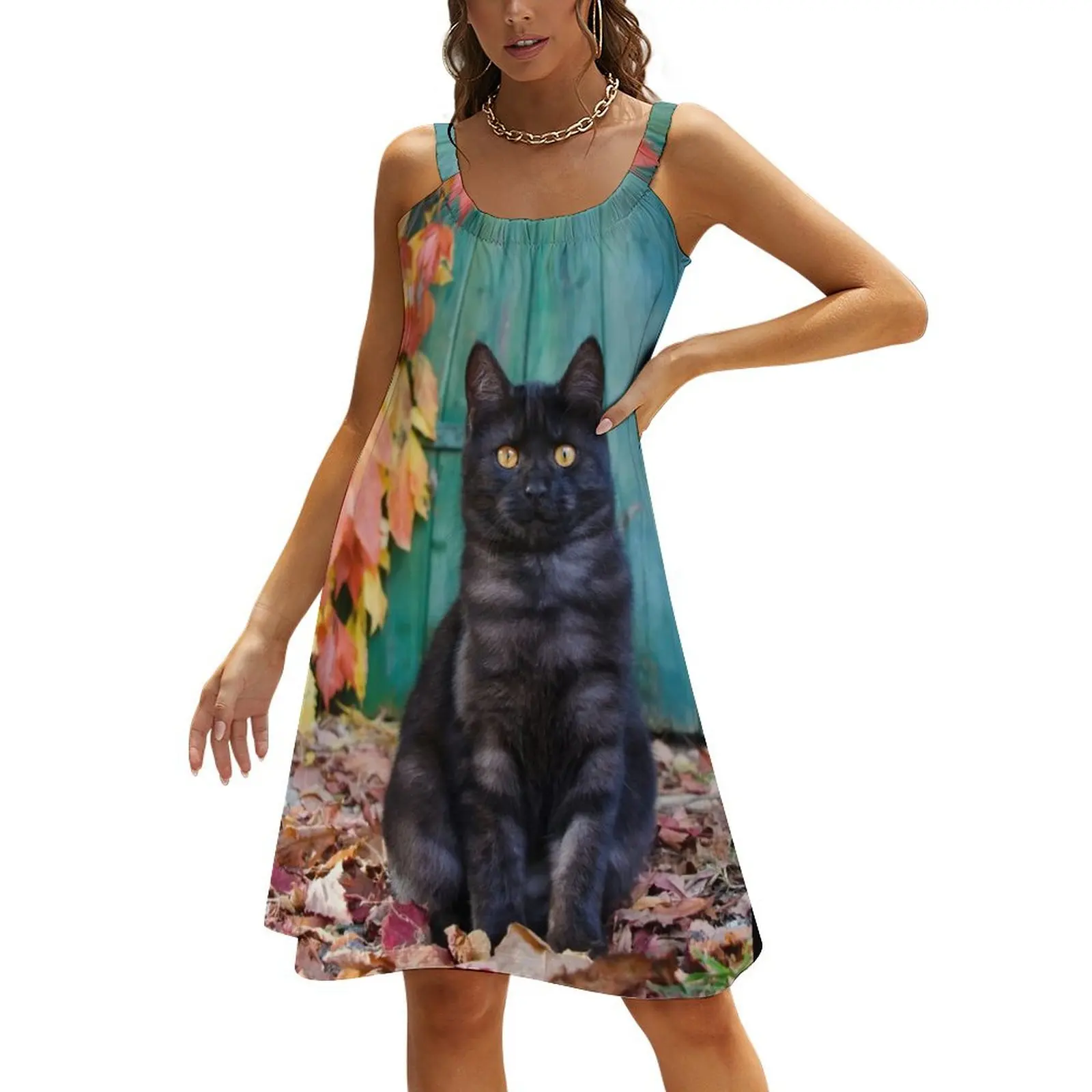 

Cute Black Cat Kitten with Red Leaves in Autumn Beach Sling Skirt Women's skirt summer dresses evening dresses ladies