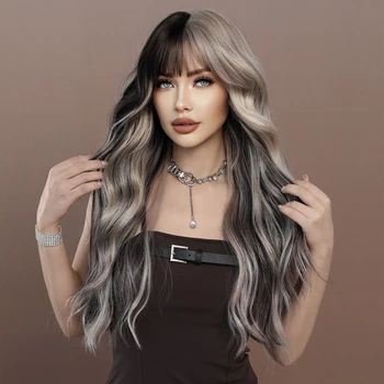 7JHH WIGS 긴 몸 웨이브 실버 애쉬 헤어 가발, 앞머리 포함, 데일리 파티, 고밀도 헤어 옴브레 가발, 내열성 섬유