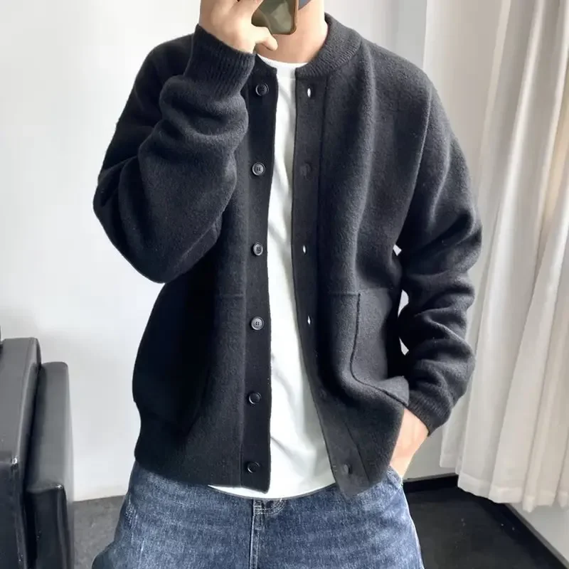 남성용 일본 스타일 울 가디건, 니트 상의, 라운드 넥 재킷, 심플한 루즈핏, 두꺼운 스웨터 재킷, 용수철 가을