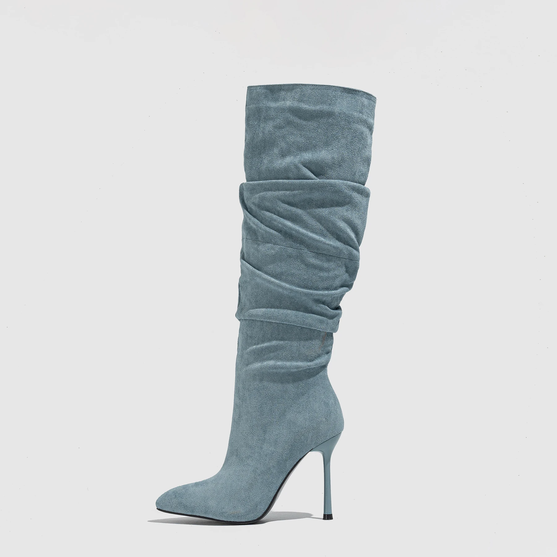 Winter Women's Fashion Pointed Toe Suede Pleated High Heel Zipper High Boots Over the Knee Long Boots Plus Size