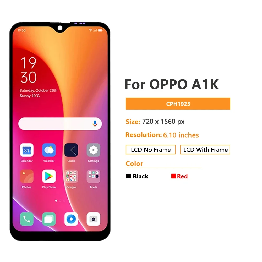 프레임이 있는 LCD 디스플레이 터치 스크린 디지타이저, Oppo Realme C2 RMX1941 RMX1945, Oppo A1k CPH1923 용 AMOLED, 6.1 인치