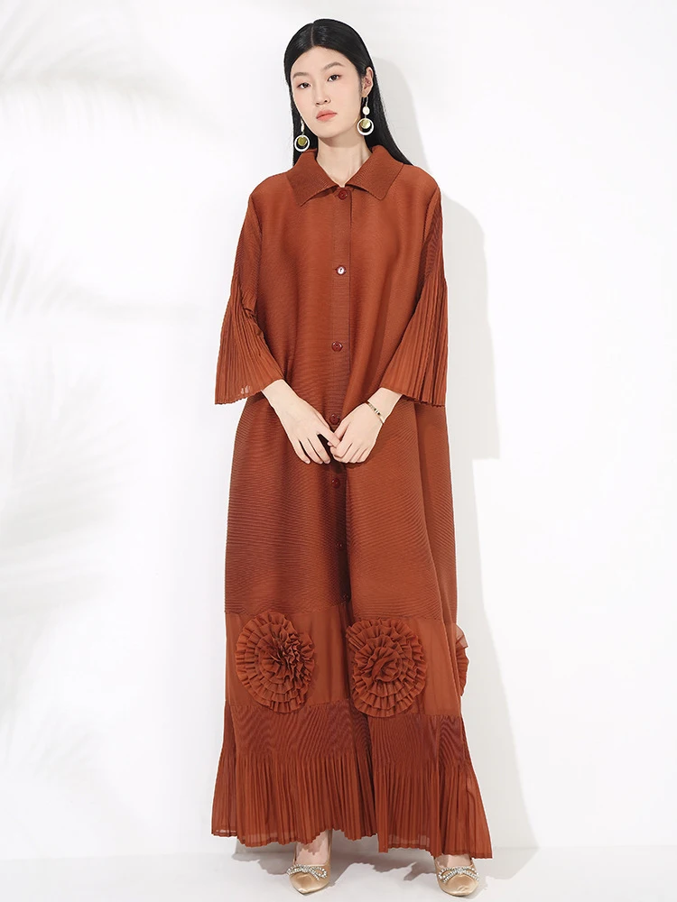 LANMREM Loose Temperament New Women's Dress High-end Chic Lapel Flared Sleeves Floral Long Breasted Cardigan Dresses 2DB3446 - Image 2