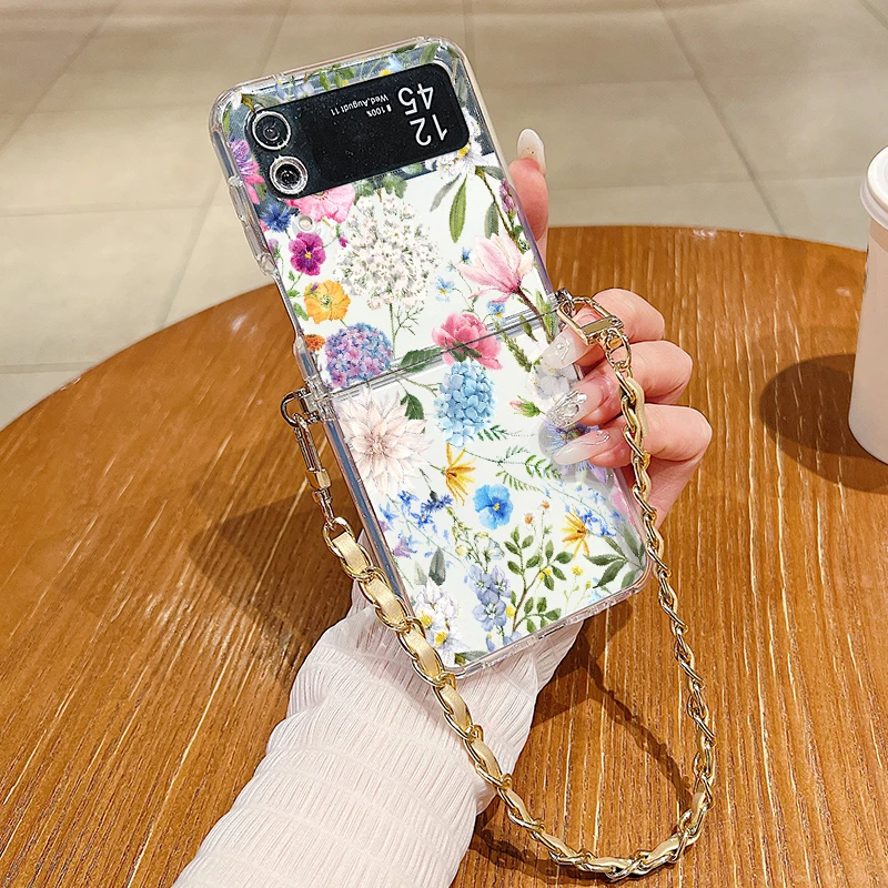 Hydrangea Print Metal Lanyard Case For Samsung Galaxy Z Flip6 Flip5 Flip4 Flip3 Flip 6 5 4 3 Shockproof Clear Soft Phone Cover_voghion.com