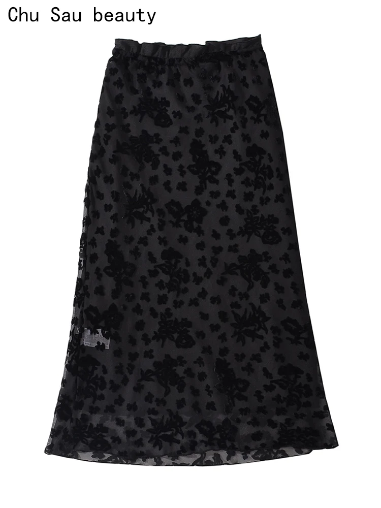 

Chu Sau beauty 2023 Women Summer Fashion French Sweet Floral Jacquard Mesh Midi Skirt Sexy Slim Elastic Chic Mermaid Skirts