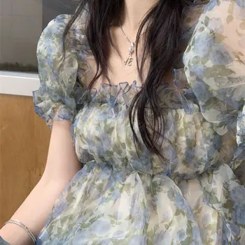 여성용 반팔 티셔츠, 시크한 여름 탑, 슬림 메쉬, 핫스위트 걸, 프렌치 스타일리시, 빈티지, 부드러운 프린트 디자인, 신상