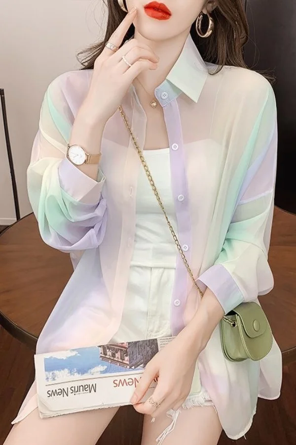 

Женская тонкая шифоновая блузка с длинным рукавом, Солнцезащитная крутая блузка с цветочным принтом, модель R60, 2024