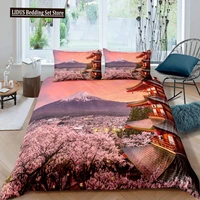 Japan Mount Fuji Duvet Cover Set Cherry Comforter Cover Retro Tower Bedding Set Japanese Ukiyo-E Bedspread Cover Full Queen Size 1
