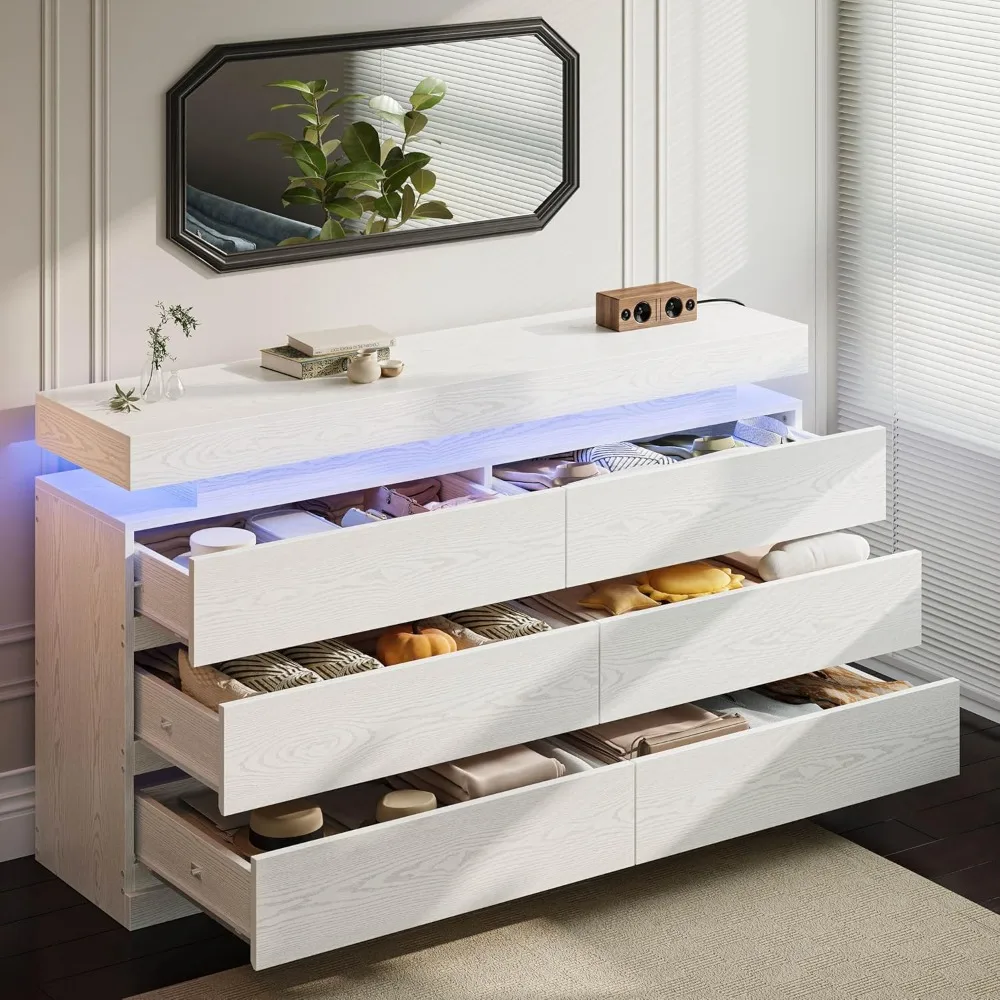 59" 6 Drawers Dresser for Bedroom, with LED & Power Strip, Large Wood Dressers & Chest of Drawers, Wide Storage Cabinet, White