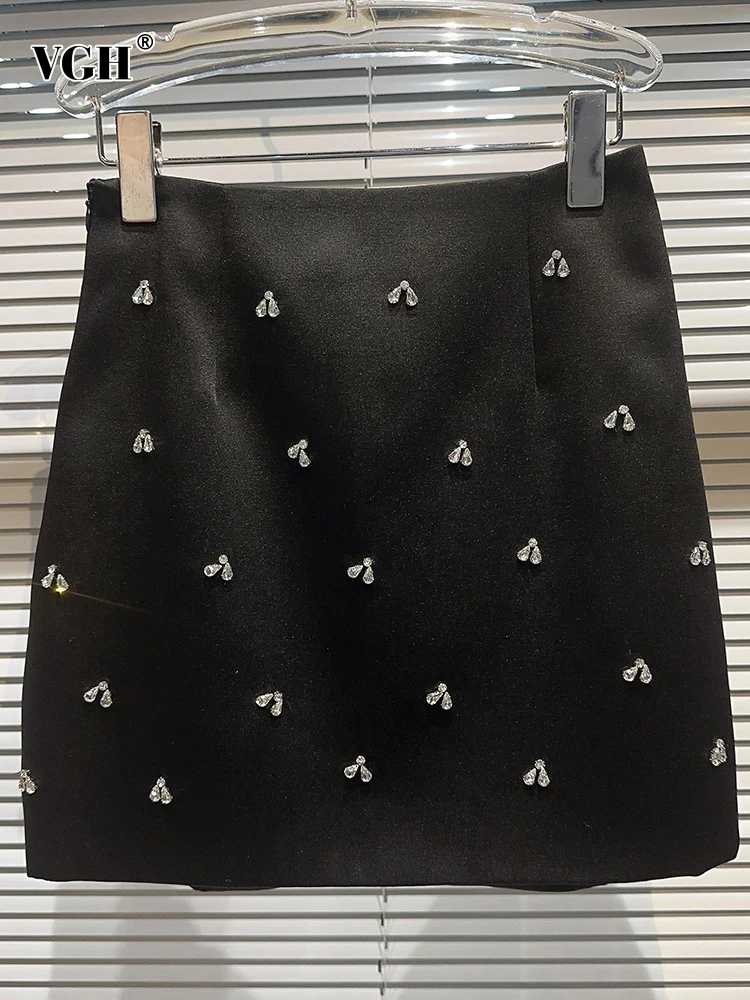 

VGH Solid Patchwork Diamonds A Line Skirt For Women High Waist Bodycon Elegant Temperament Mini Skirts Female Fashion Clothes