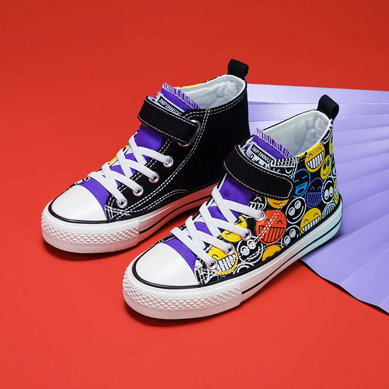 2022 Spring Fashion Smile Print High-top Boys Shoes Platform Canvas Sneakers Girls Child Vulcanized Shoes for Kids 7-12 Year Old