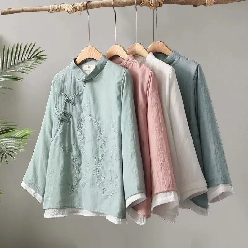 

Retro Embroidered Linen Zen Tea Cheongsam Shirt Traditional Chinese Clothing for Women Hanfu Tang Tops Kung Fu Wushu Jackets