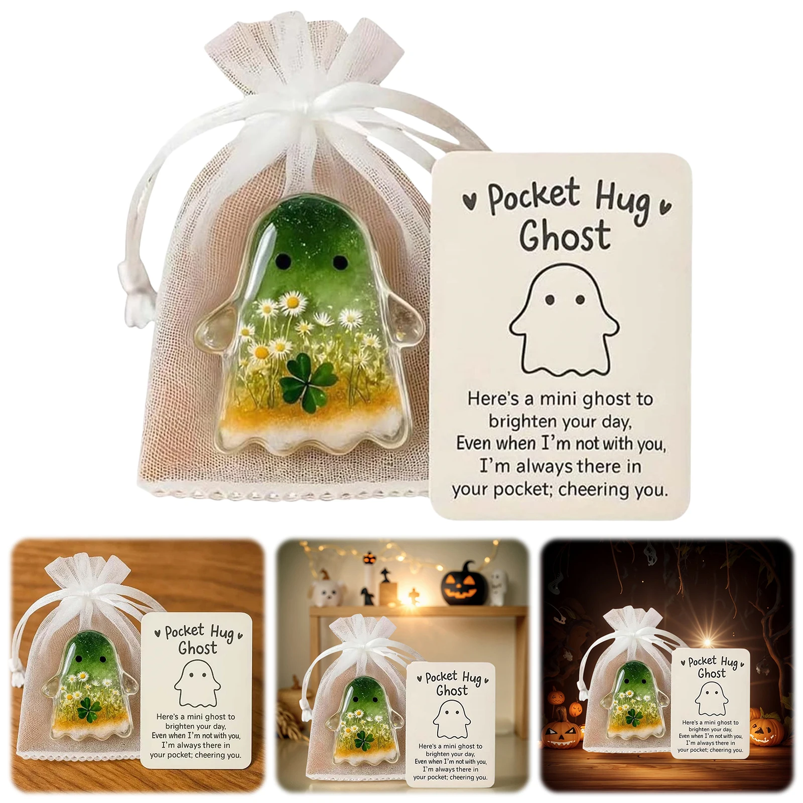 Pockets Hug Ghost Keepsake with Positive Cards Figure Sculpture Mini Charm for Halloween Christmas Loved Ones Friends