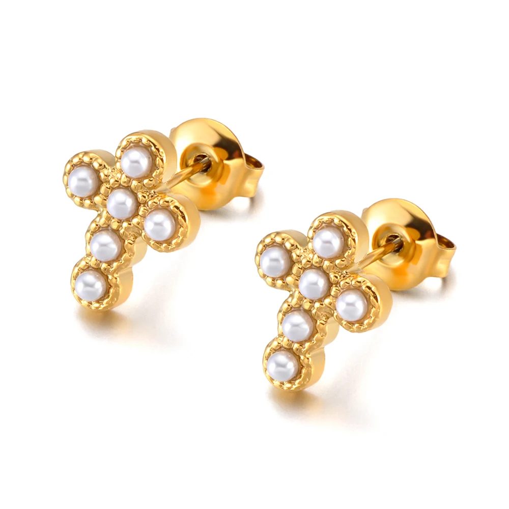 JeeMango Vintage-Ohrstecker mit zarten Perlen und kubischem Zirkonia, klassischer Kreuz-Charm, vergoldeter Schmuck für Damen, wasserdicht, E26082 – Detail 1