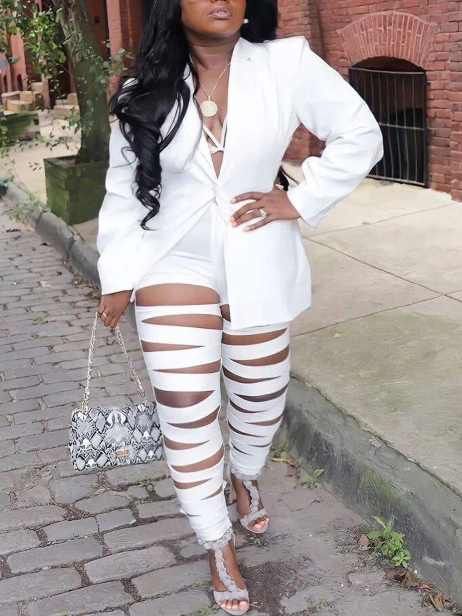 Plus Size Cut-Out Blazer Pants Set Sexy Street Solid Hollowed Out Turn-back Collar Two Piece Patchwork Long Sleeve Matching Suit