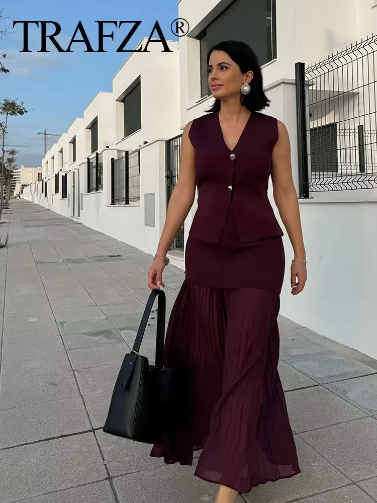 HH Women Elegant Yellow Skirt Suit V Neck Sleeveless Button Knitted Vest Top Slim Side Zipper Midi Skirt Streetwear Sets