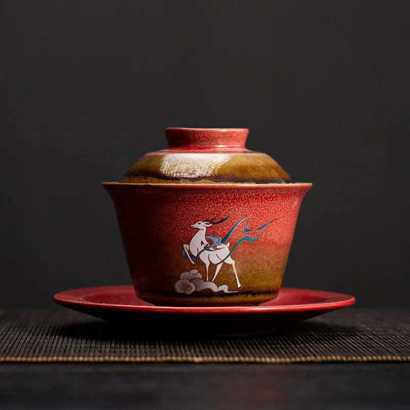 Deer Gaiwan Tea Ceramic Tureen Lid Teaware Chinese Red Tea Bowl Chawan Lily Deng's store
