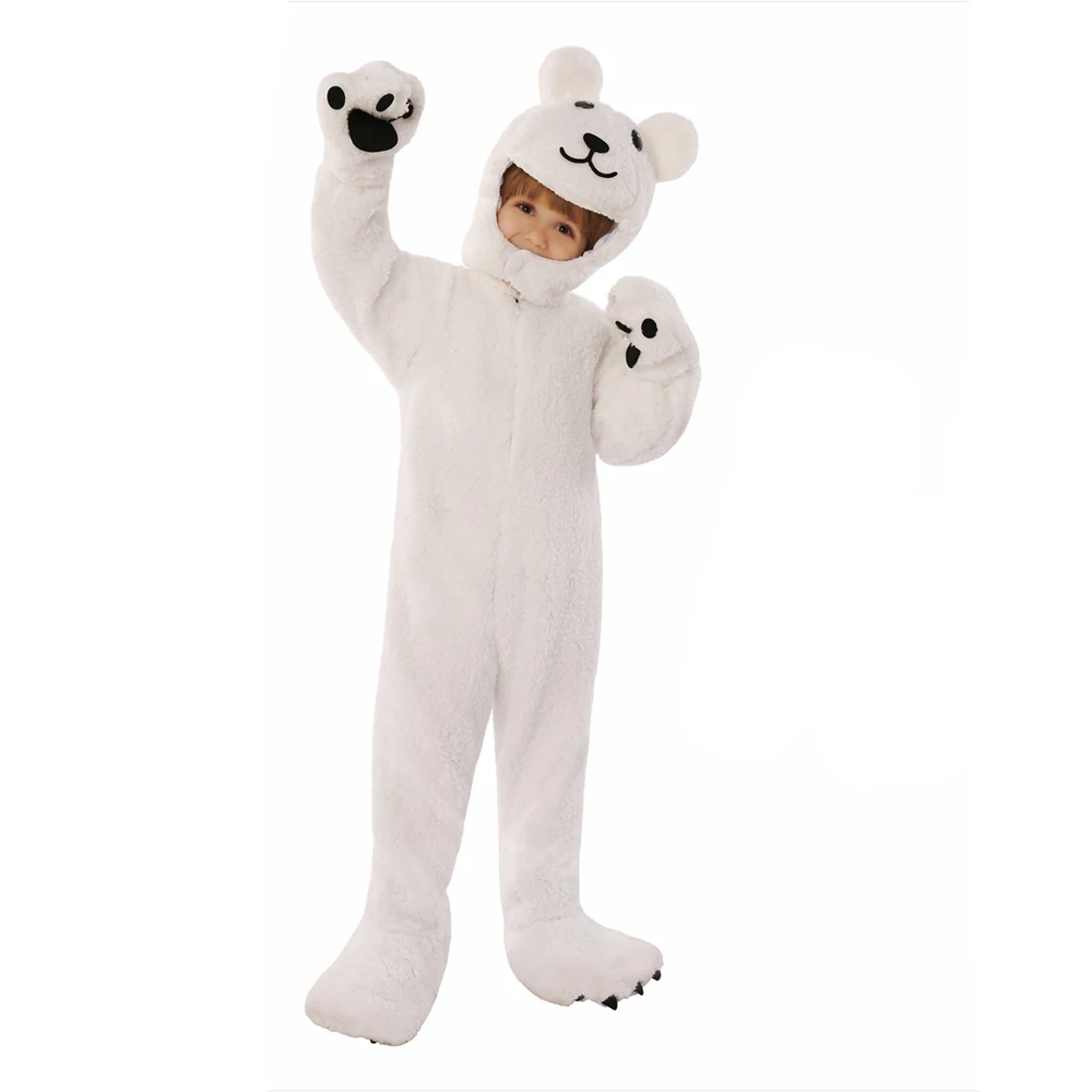 Kids Polar Bear Costume Plush Onesie with Hooded Back Zipper Easy Wear Animal Clothes Outfit