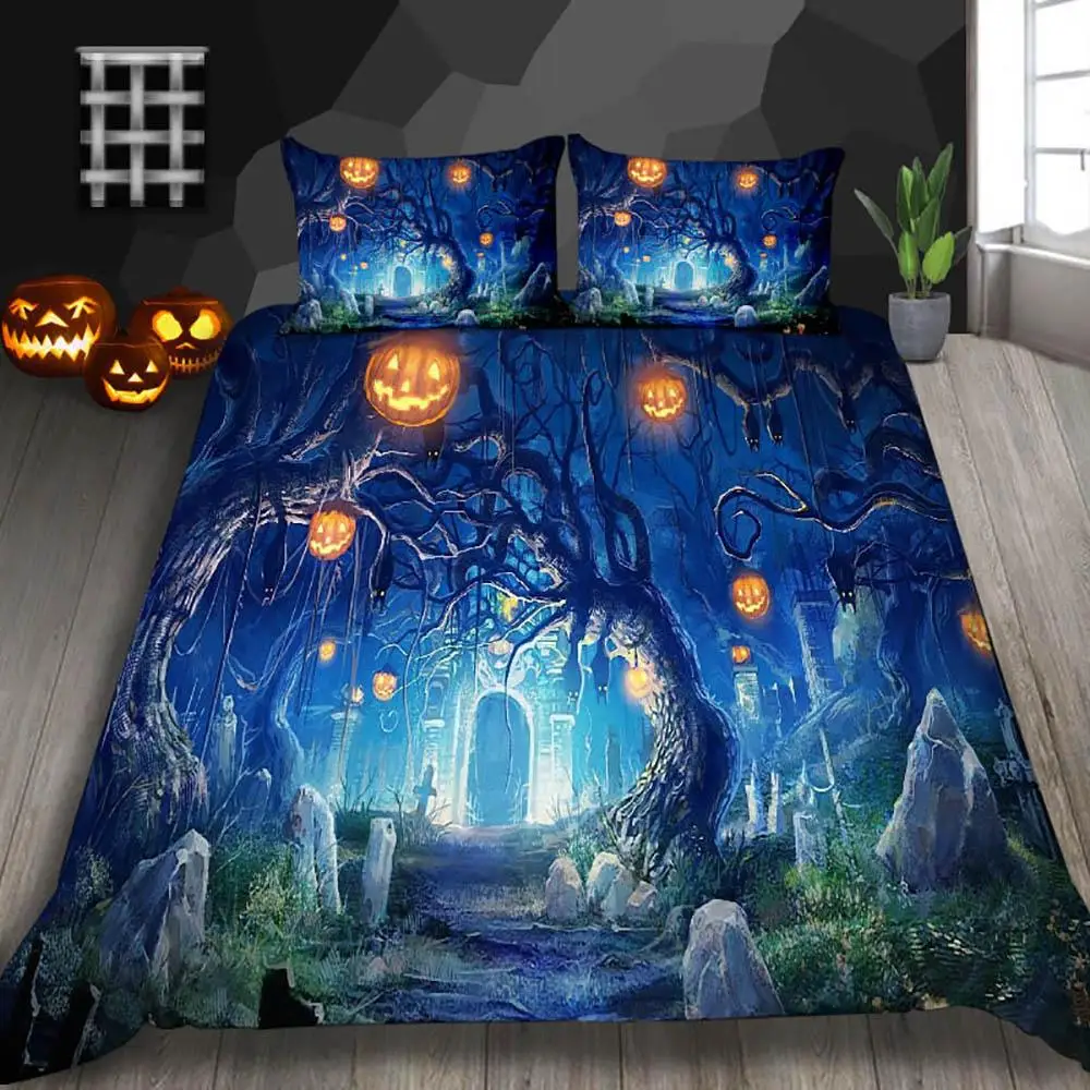 Vintage Haunted House Pumpkin Halloween Bed Set