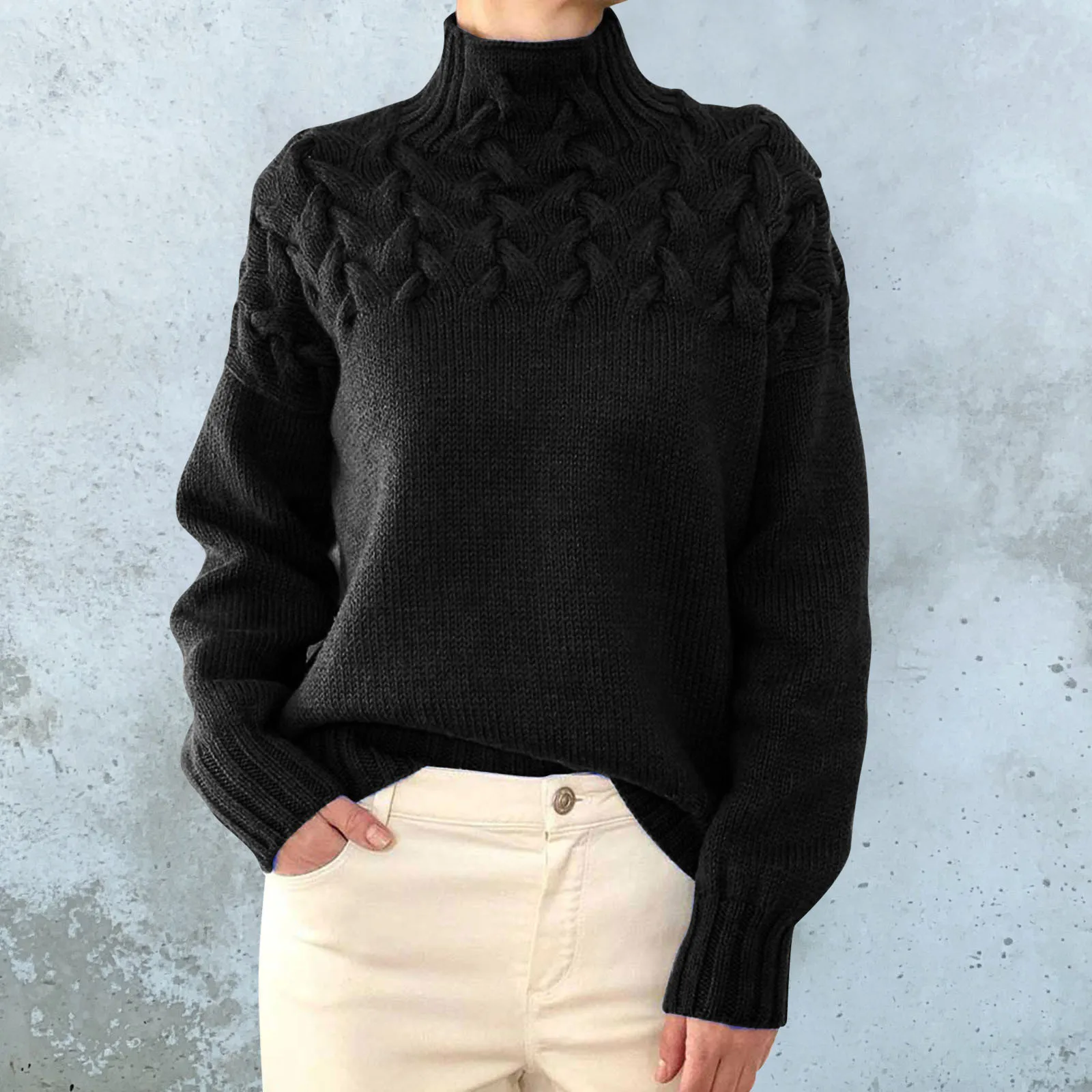 thumbnail image 1 of Suéteres de punto de manga larga con cuello alto y farol para mujer, suéteres elásticos gruesos para otoño e invierno, suéteres clásicos y cálidos, 1 of 5