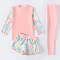 3Pcs Kids Girls Colorful Print Swimsuit Swimwear Long Sleeve Top+Shorts with Pants Set Sun Protection Rash Guard Swimming Outfit 3