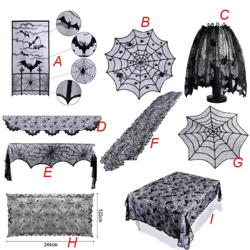 

Hallowen Spider Tablecloth Black Lace Cobweb Fireplace Cover Home Decortion