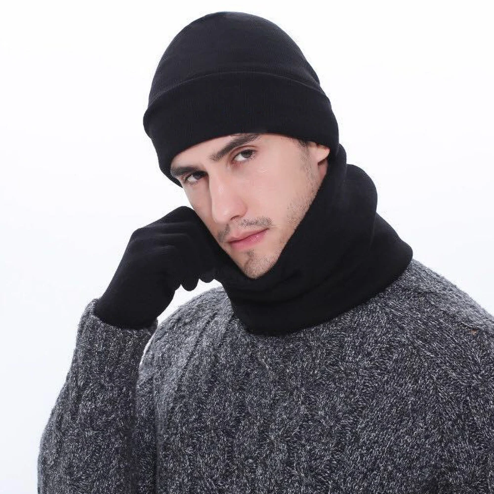 Men's Autumn Winter Keep Warm Set Unisex Beanie Gloves Scarf Male Woolen Yarn Knit Muffler Solid Color Hat Drop Ship