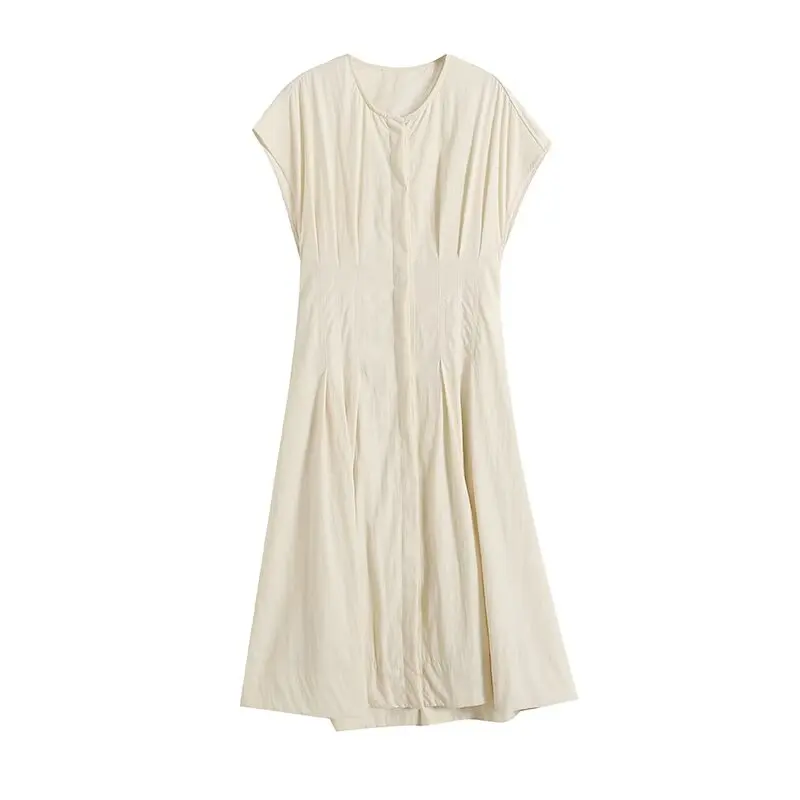 

Women 2024 Spring New Fashion Shoulder Short Sleeve dress Chic Round Neck Invisible Single-breasted Cardigan Vestidos Mujer