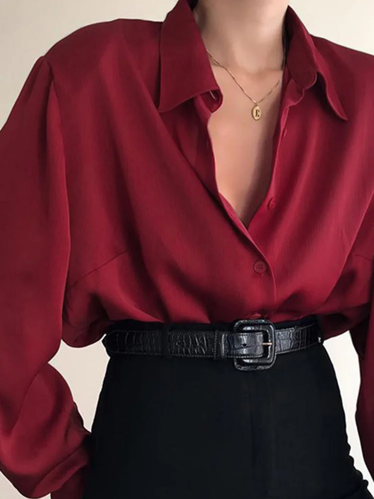 トップス vintage rework Burgundy blouse shirt top Silk Shirts for Women Basic Formal Office Vintage Long