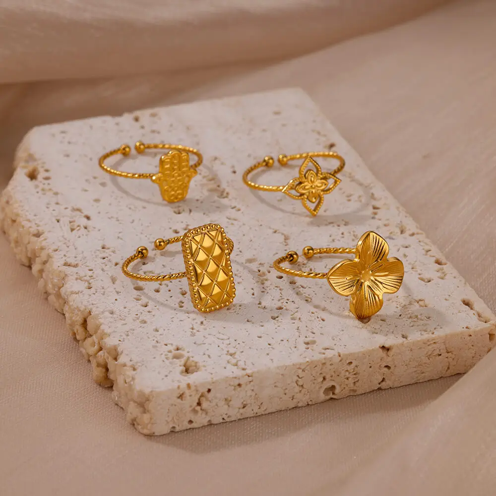 Stainless Steel Hollow Four-Leaf Clover Open Rings For Women