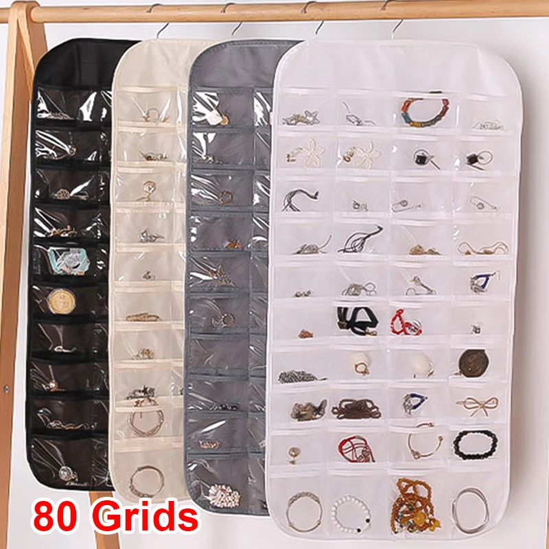 

80 Pockets Jewelry Hanging Bags Necklace Earring Display Organizer Storage Double Sided Bag Non-woven Foldable Transparent Pouch