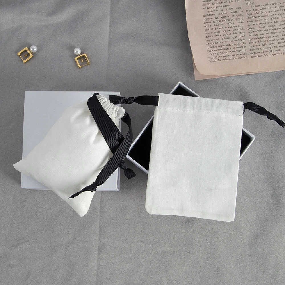 White Canvas Cotton Rope Drawstring Gift Bag Jewelry Packing Pouches Storage Bag for Wedding Xmas Rings Earrings Packaging