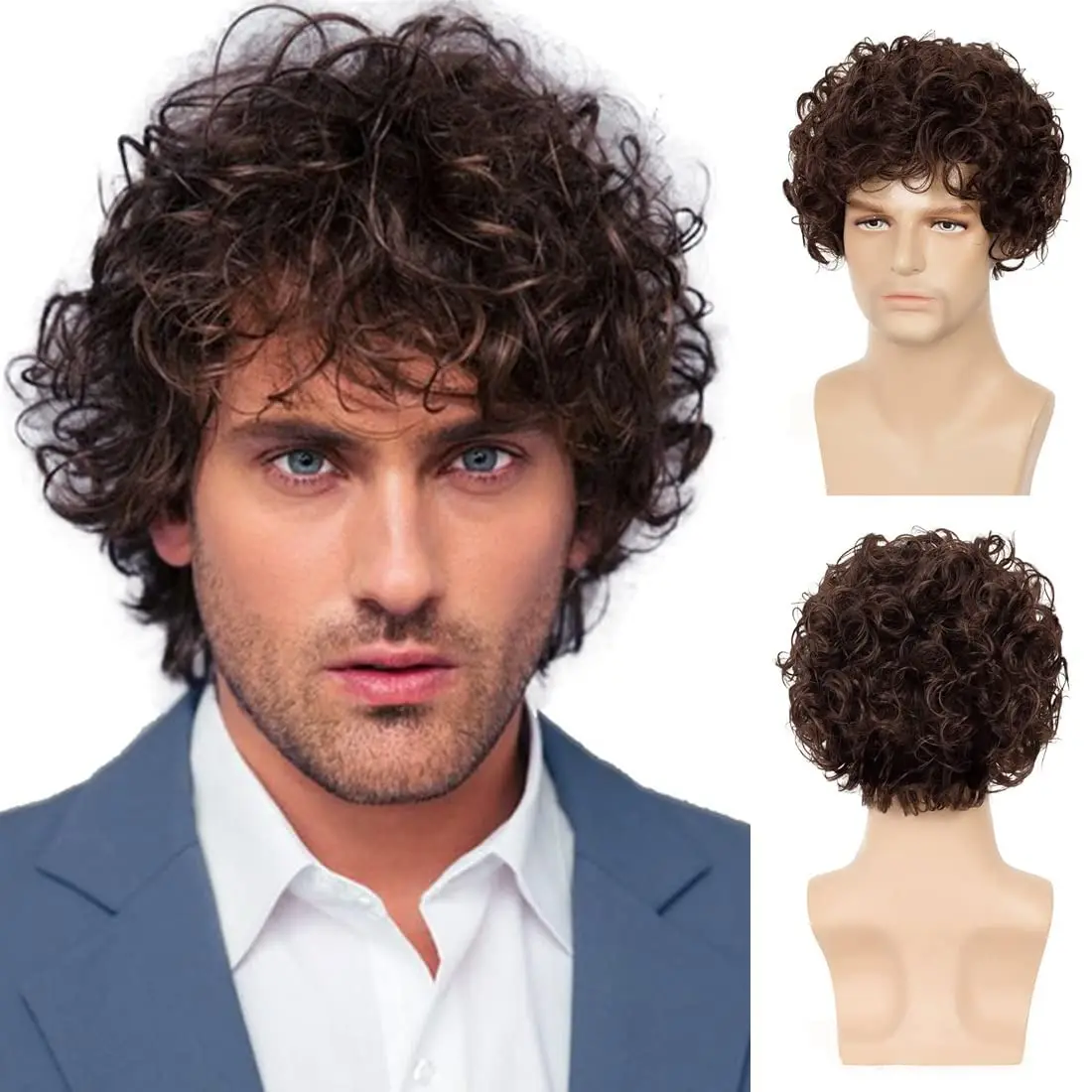 Mens Wig Short Curly Brown Wig Synthetic Halloween Costume Cosplay Hair Synthetic Natural Heat Resistant Daily Wear synthetic hair wigs