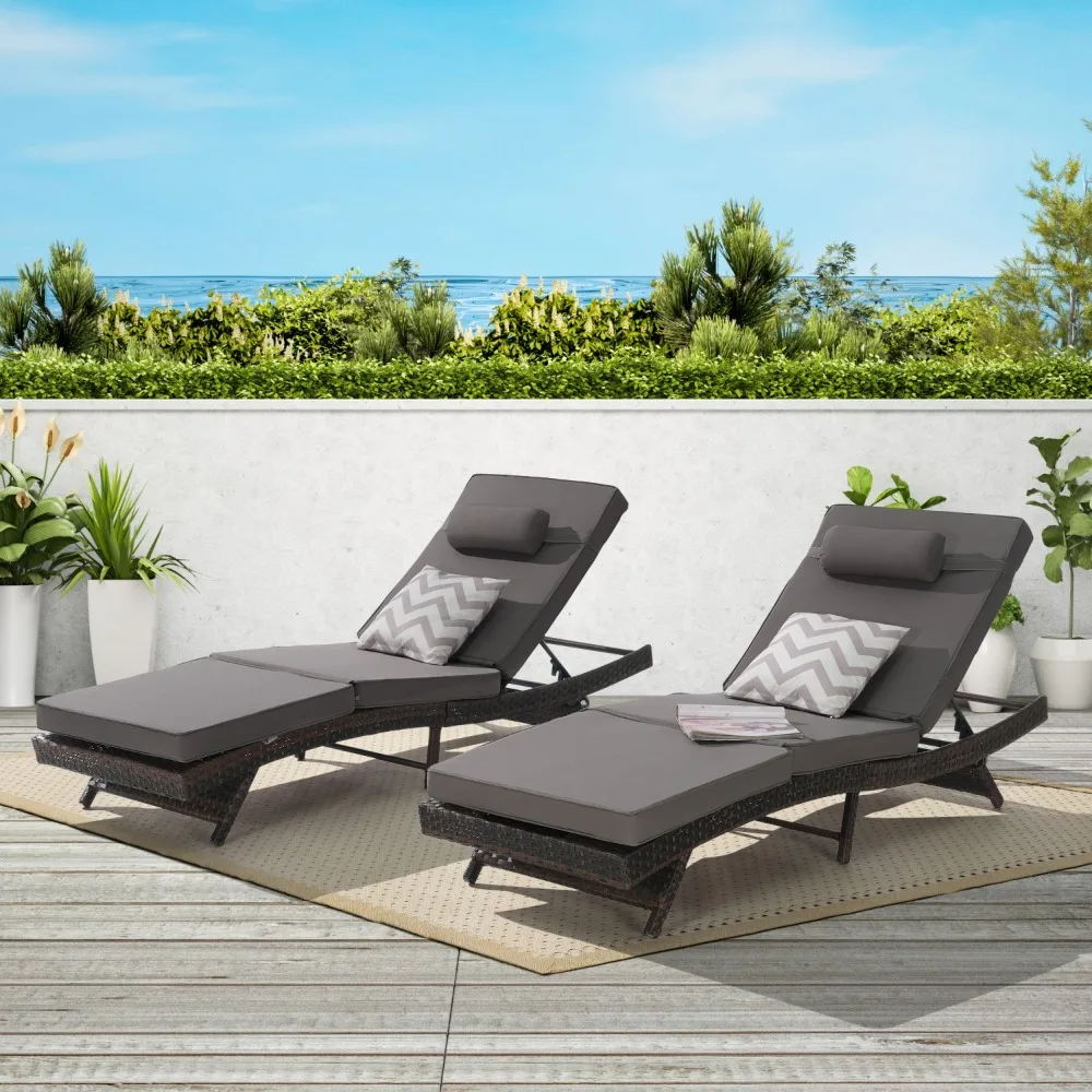 Outdoor Wicker Long Reclining Chair Set of 2 ,Chairs Recliner Up To 150° Beach Poolside Garden, Wicker Reclining Lounge Chair 3