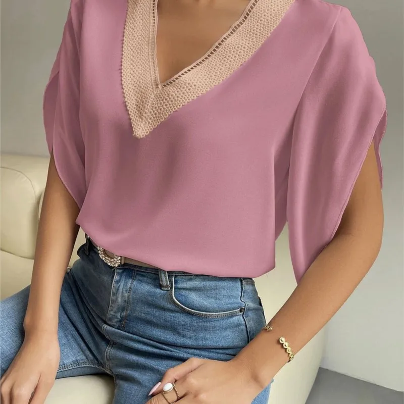 

Summer V-neck Lace Solid Tops Temperament Short Sleeved Chiffon Shirt For Women Blusas De Mujer Blouse Femeninas 2023 Elegantes