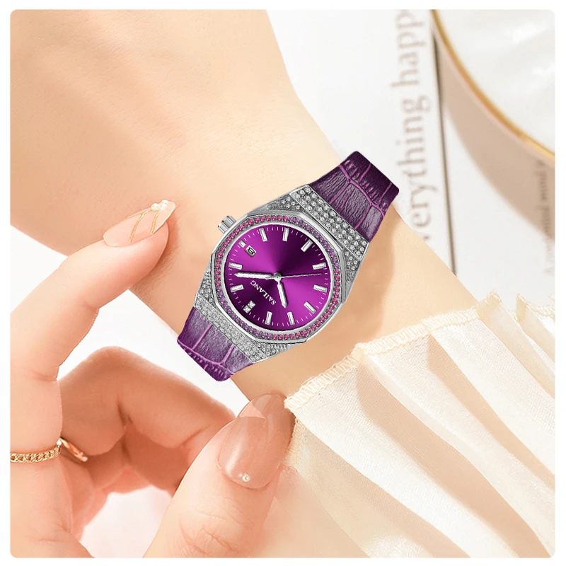 New Style Violet High-End Ladies Wrist Watch Luxury Diamond Waterproof Luminous Women's Watch 3