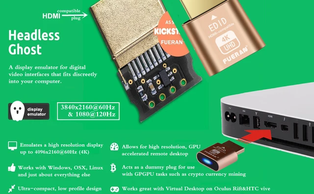 ヘッドレスゴーストディスプレイアダプター、HDMI、ダミープラグ、仮想 