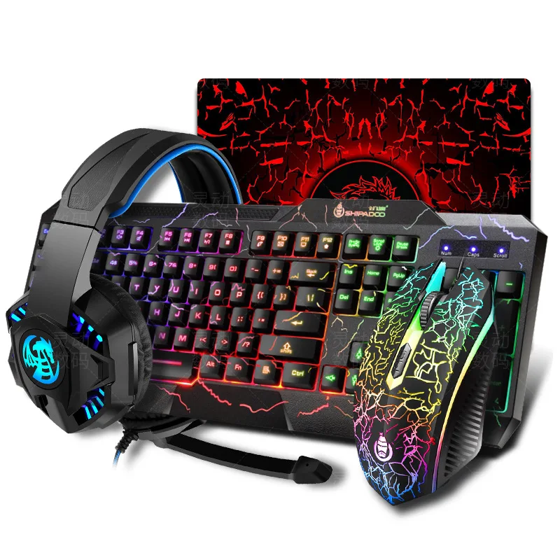 Gaming Keyboard Mouse LED Breathing Backlight Ergonomics Pro  Combos USB Wired Full Key Professional Mouse Keyboard 4 In1 