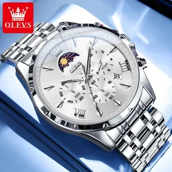 OLEVS Men's Quartz Chronograph Watch - Multifunctional, Waterproof with Luminous Hands and Moon Phase (Silver white)