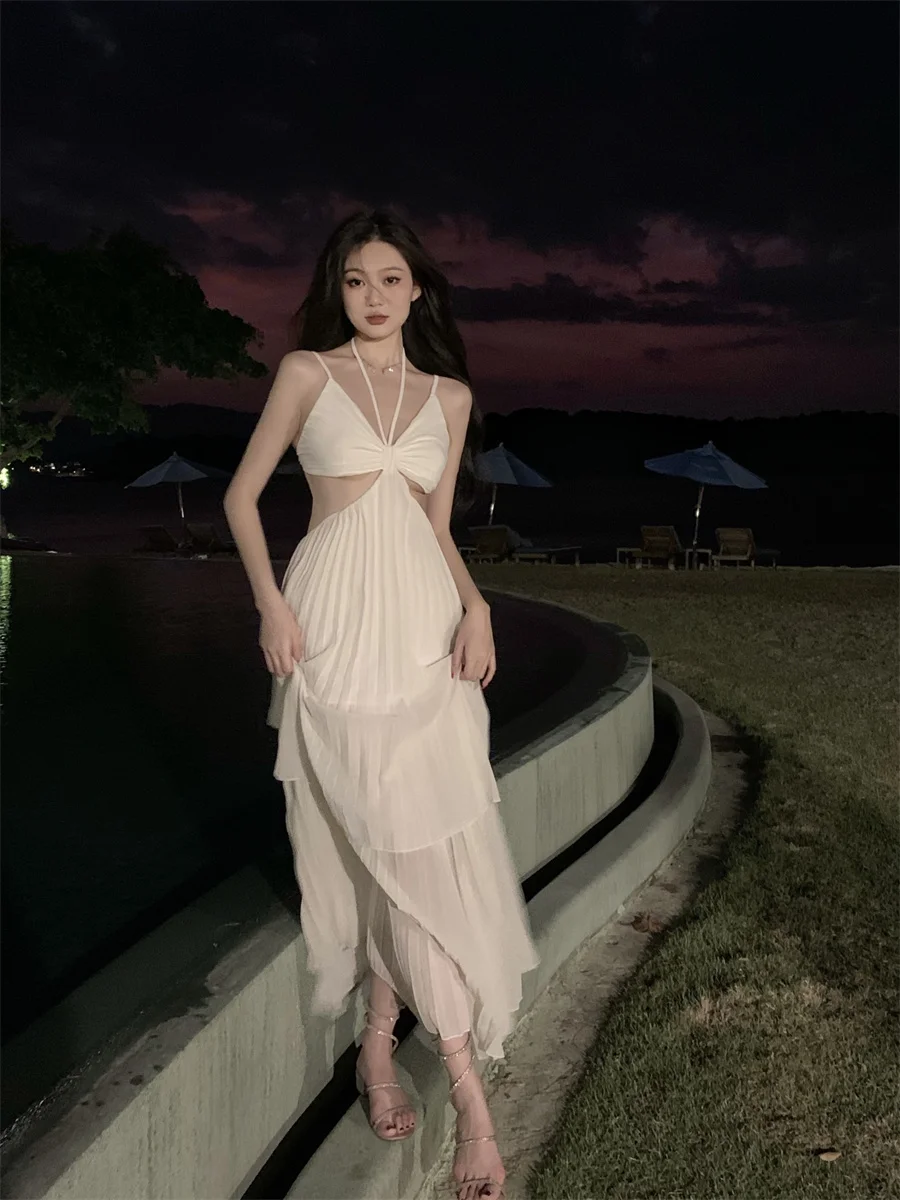 Summer New Fashion Sexy Pleated Holiday Beach Long Dresses for Women Vacation Spaghetti Strap A line Ladies Robe 2025 Sundress