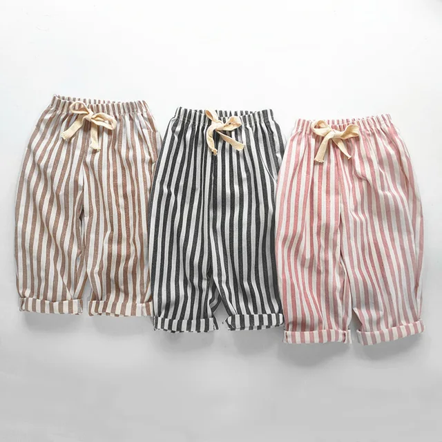 Pantalon à rayures en coton et lin pour garçon et fille, style décontracté, été automne 1