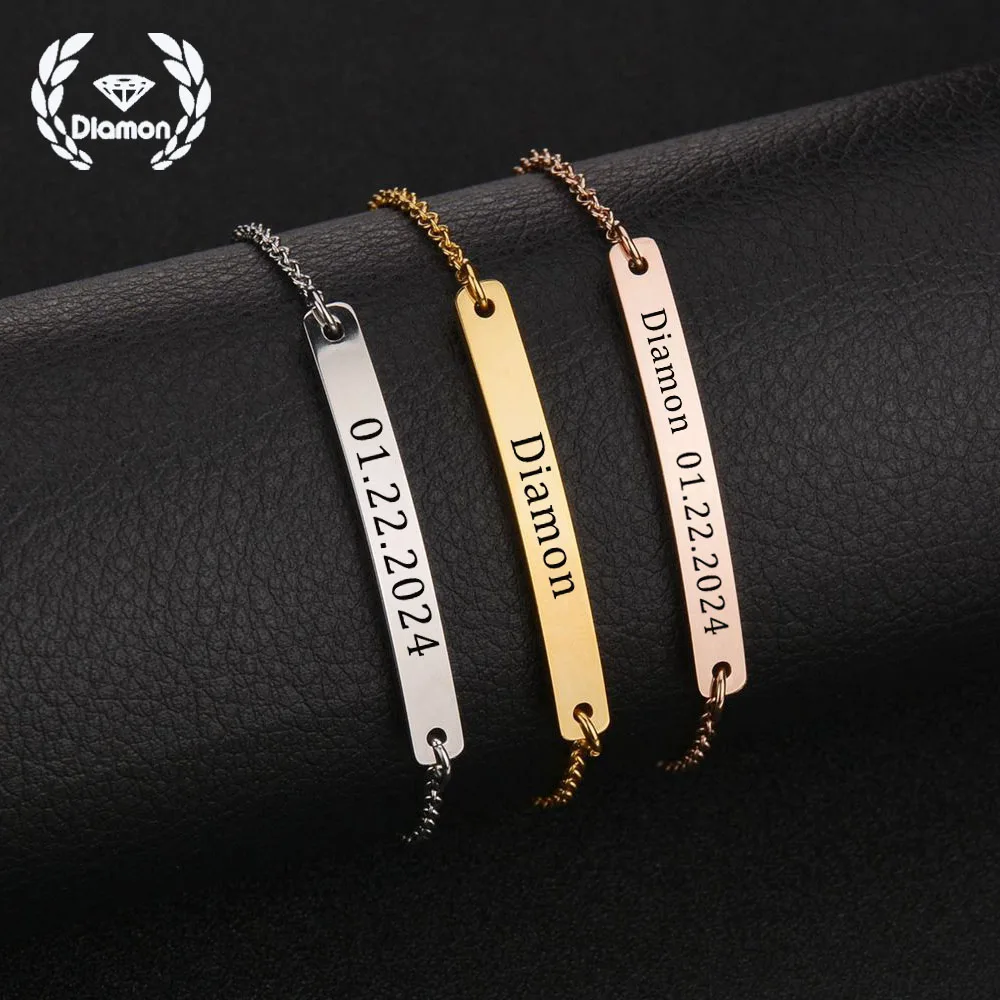 

Diamon New Personalized Custom Name Bracelet Stainless Steel Jewelry Engrave Name Date Chock Chain for Women Jewelry Gift