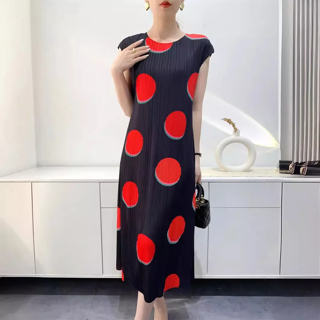 

Miyake Style Pleated Dress for Women 2024 Summer Women's Design Polka Dot Print Sleeves Mid-length Elegant One-step Hip Skirt