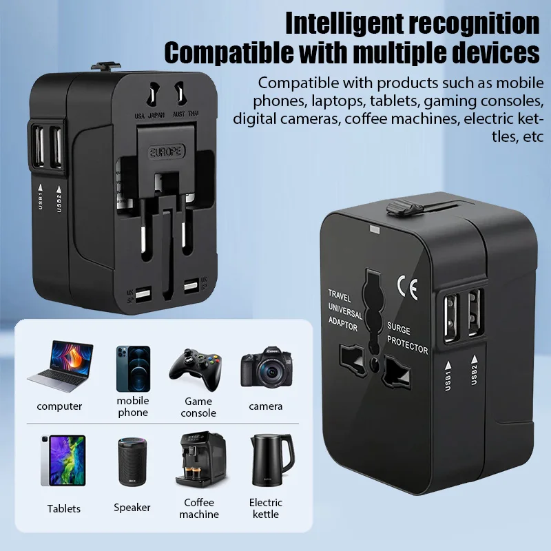 International Travel Adapter Travel Charger with 2 USB Port All-in-one Wall Power Strip for US EU UK AU Socket Plug
