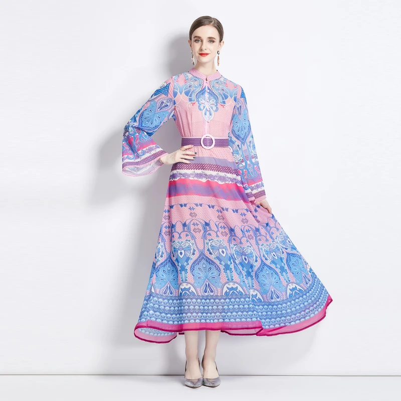 

New Fashion Runway Designer Women Summer Spring Stand Collar Single Breasted Flare Sleeve Vitnage Palace Ethnic Style Dresses